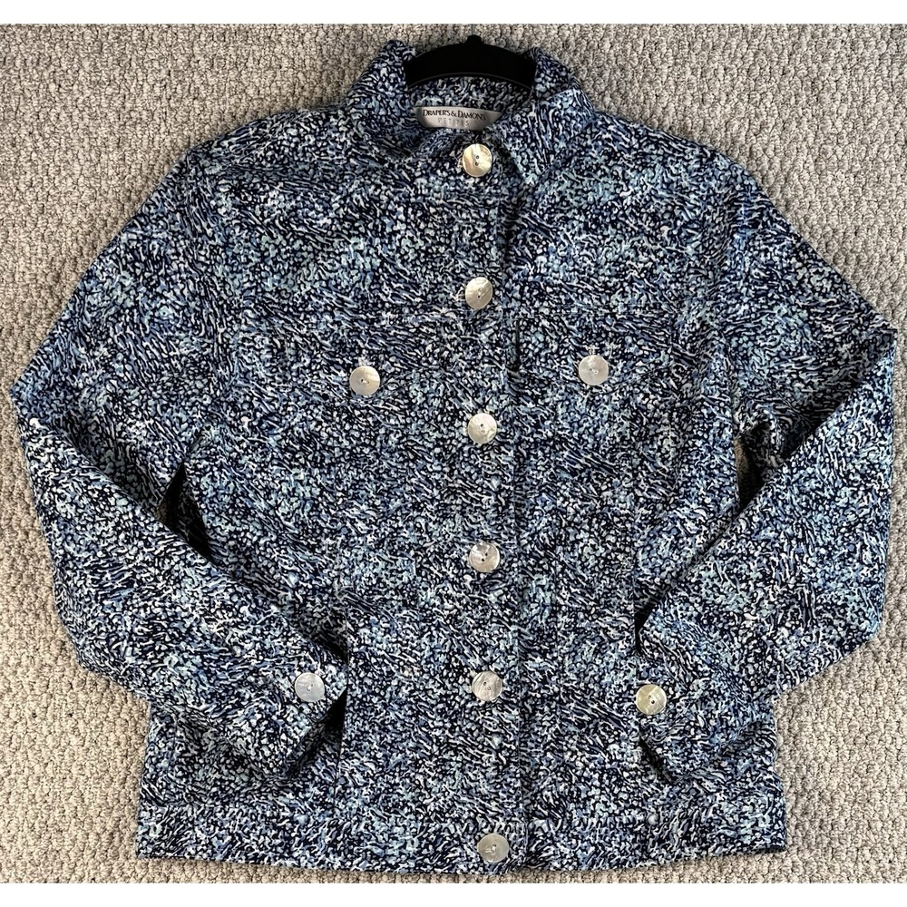 Women Petite Sm Blue Abstract  Jacket Shacket Button  Stretch Casual Denim Style